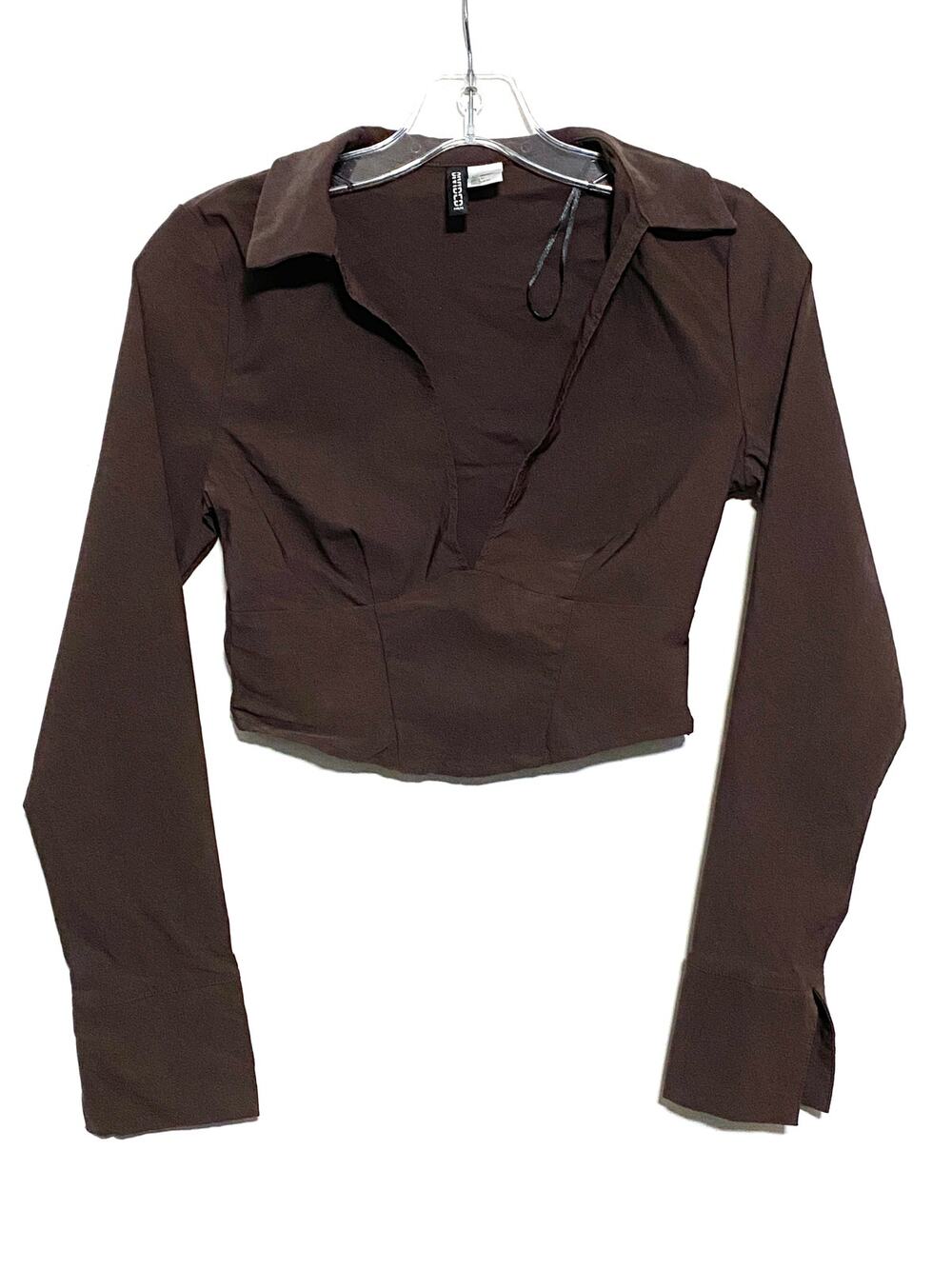 H&M Women S Crop Top Chocolate Brown Collared Corset Cinched Western Cowgirl Y2K